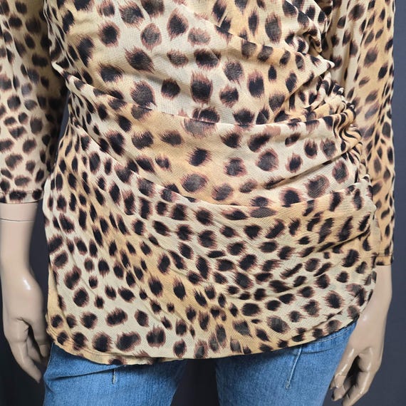 Y2K Mesh Leopard Print Top Size L Ruched V Neck W… - image 4