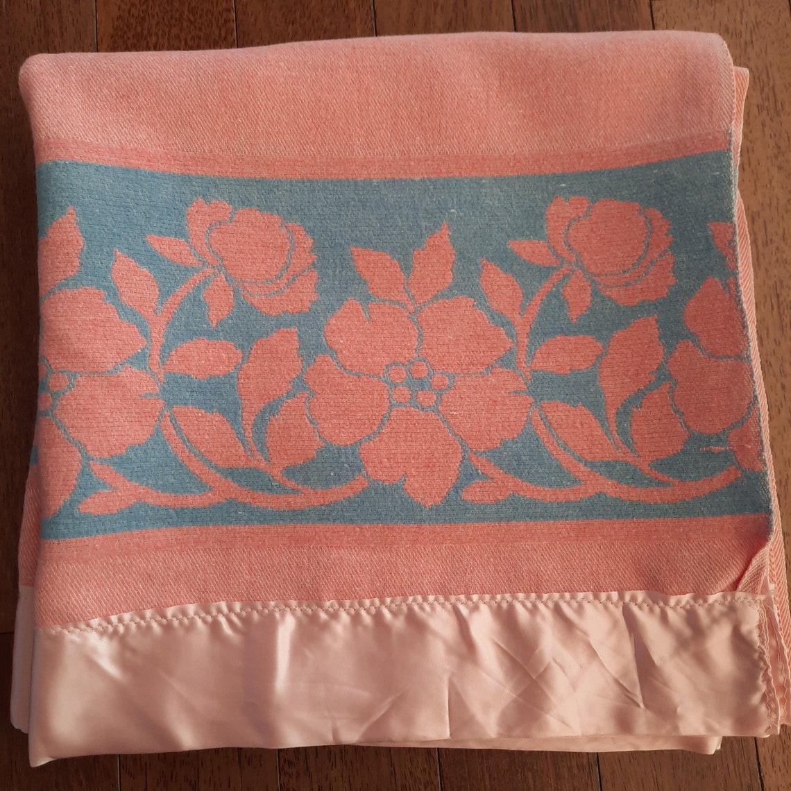 Vintage Pink Wool Satin Edge Throw Blanket Reversible Blue Etsy