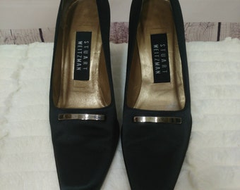 Vintage Stuart Weitzman Black Satin Heels Pumps Womens 6 M Made In Spain