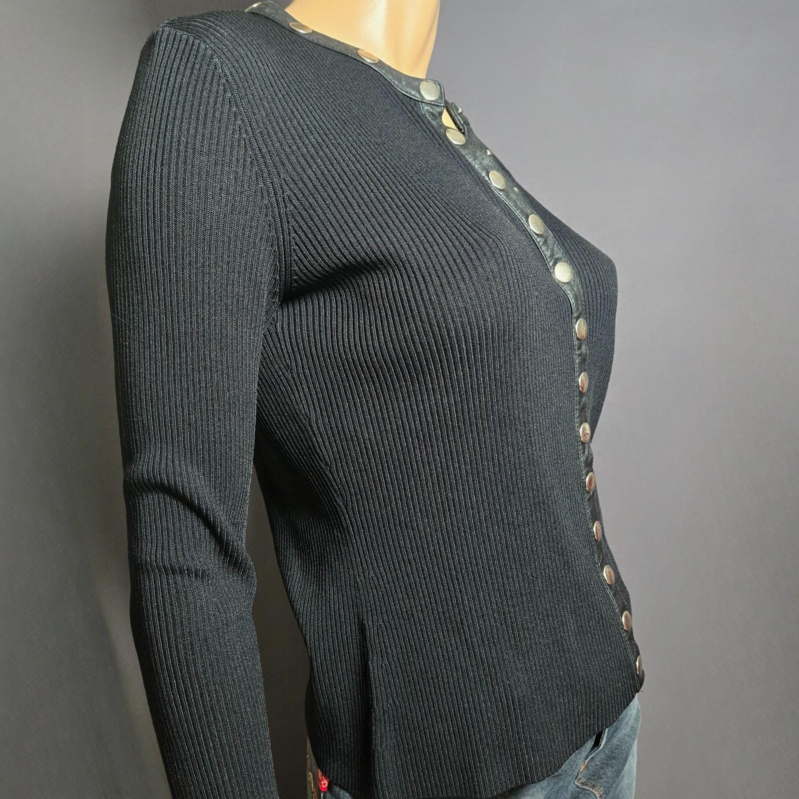 Y2K Black Ribbed Sweater Silver Snap Buttons Leather Trim Size S