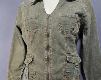 Y2K Fitted Denim Utility Jacket Size XXL Green Full Zip Flap Pockets Grunge