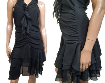 Y2K Black Ruffled Halter Dress Size S Gothic Fairy Grunge Whimsigoth Witchy