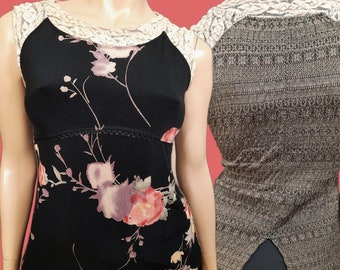 Vintage 90s Y2K Boho Fairy Grunge Black Floral Top Size S Sleeveless Mixed Media