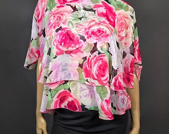 Vintage 80s Chiffon Floral Rose Print Blouse Size S Flowy Floaty Layered Pink