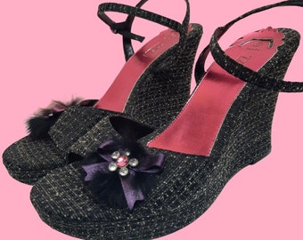 Y2K Wedge Heels Sandals US 9 Grey Tweed Rhinestones Bows Ankle Strap