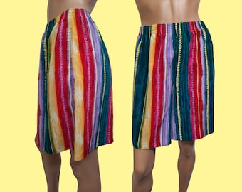 Vintage 90s Colorful striped Long Shorts Elastic Waist Pull On Pockets Size L XL Loose Flowy Fit