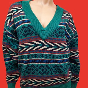 Vintage 80s 90s Wool Aztec Sweater Teal Blue V Neck Pullover Jumper