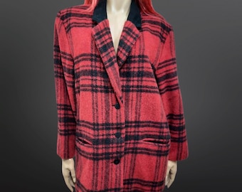 Vintage 80s Woolrich Red Plaid Jacket Wool Mohair Size M Black Suede Collar
