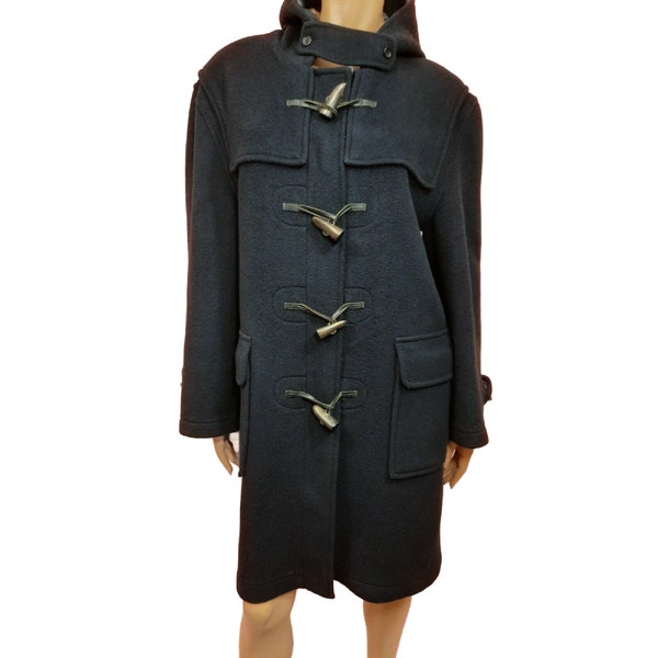 Vintage Aquascutum Wool Duffle Coat Womens L Navy Blue Mid Length Hooded Jacket UK Made