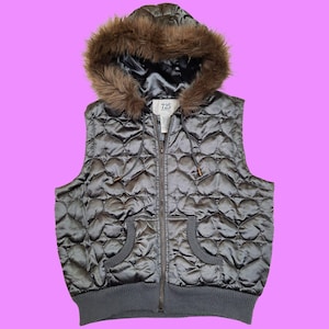 Vintage Y2K Puffer Vest Faux Fur Hood Silver Grey Satin Quilted Hearts Size L