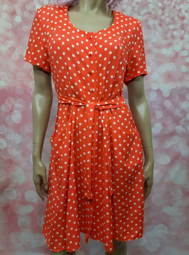 Vintage 80s Orange Polka Dot Dress Size S Short Sleeve Knee Length With Pockets