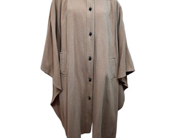 Vintage Long Wool Cape Coat With Pockets Beige Button Front One Size