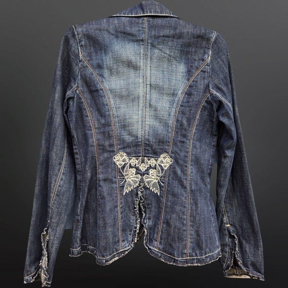 Y2K Embroidered Denim Jacket Womens Size XS Victorian Fairy