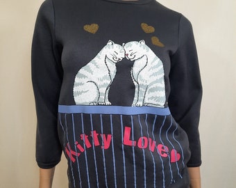 Vintage 80s Cat Sweatshirt Size S Kitty Lovers Grey Pullover Crew Neck