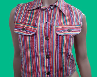 Vintage 90s Rainbow Striped Vest Top Sleeveless Multicolor Cropped Cotton Denim New Deadstock