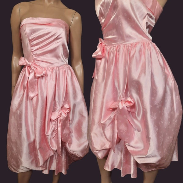 Vintage 80s Pink Satin Prom Party Dress Womens S Strapless Bows Midi Length