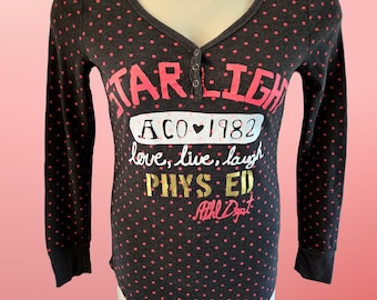 Y2K Henley Top Size m Gray Pink Polka Dot Ribbed Long Sleeve V Neck Thermal