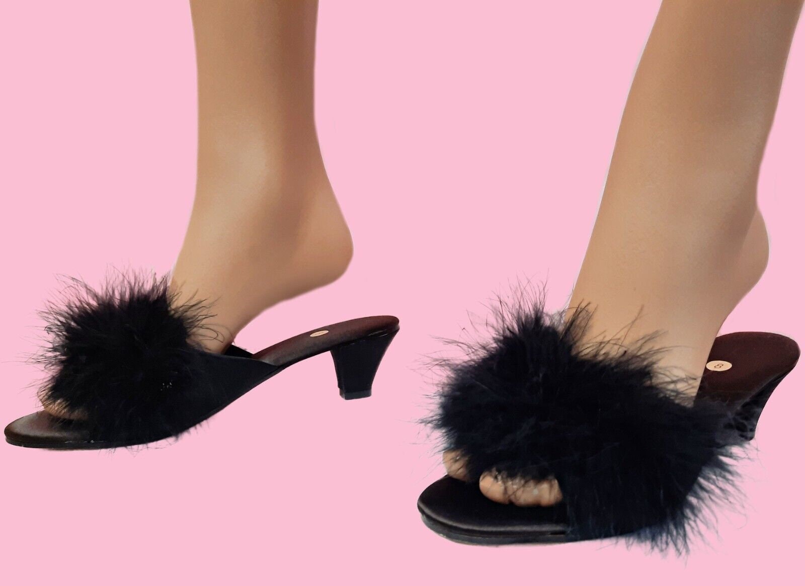 Vintage 70s Black Satin Marabou Mules US Size 7 Kitten Heel - Etsy