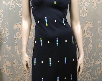 Vintage 70s Sleeveless Maxi Dress Size S Black V Neck Geometric Pattern Stretch