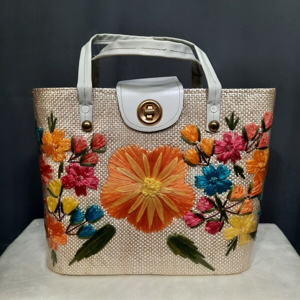 Vintage 60s Mod Straw Floral Tote Bag Large Top Handle Handbag