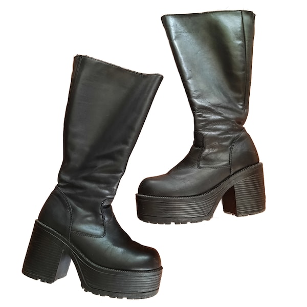 Vintage 90s Tall Chunky Platform Boots US 8 Black Leather Below Knee Wide Calf Goth Grunge Punk