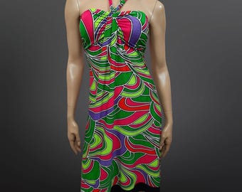 Vintage Y2K Stretch Halter Dress Size S A Line Bright Vivid Colors Pink Green