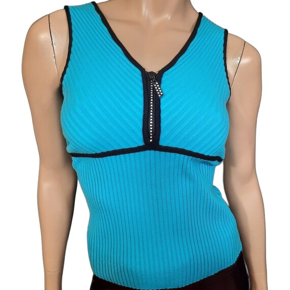 トップス SLEEVELESS ZIP RIB KNIT TOPS Y2K Sleeveless Ribbed Knit Tank Top Womens S Blue Quarter