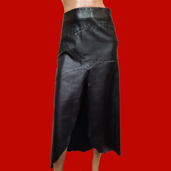Y2K Black Leather Patchwork Midi Skirt Front Slit… - image 2