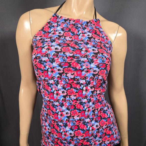 Y2K Dark Floral Halter Top Size XS Blue Red Black Cotton 2000s