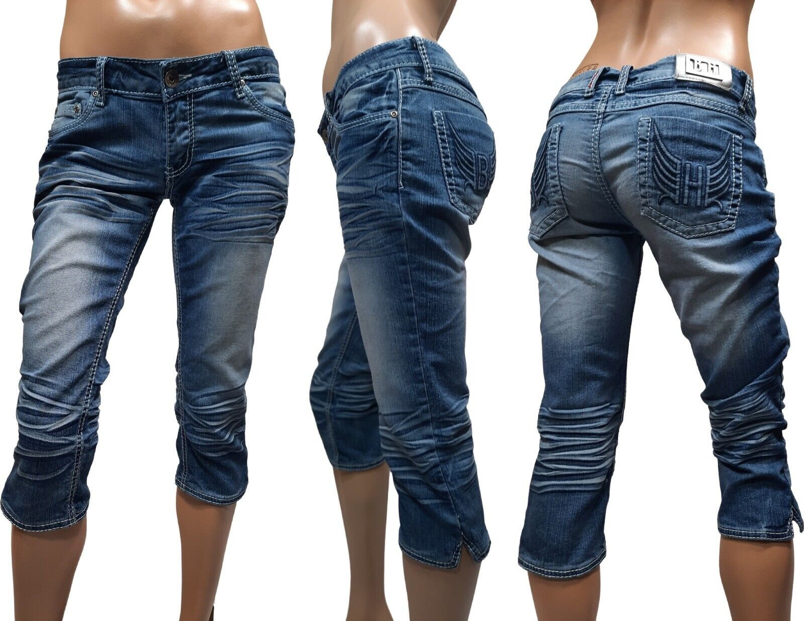 Y2K Low Rise Cropped Capri Jeans Embroidered Wings Medium