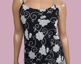 Vintage 90s Black Grey Floral Camisole Tank Top Sleeveless Chiffon Lined Size S