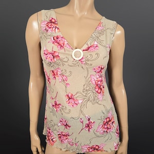 Vintage 90s Y2K Floral Babydoll Fairy Top Size M Beige Pink Mesh Sleeveless