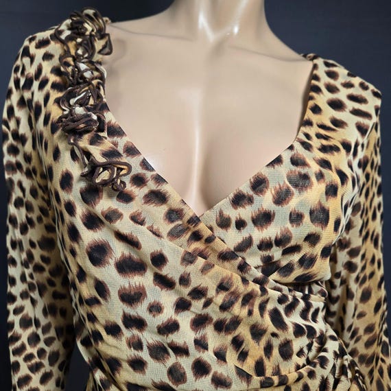 Y2K Mesh Leopard Print Top Size L Ruched V Neck W… - image 3