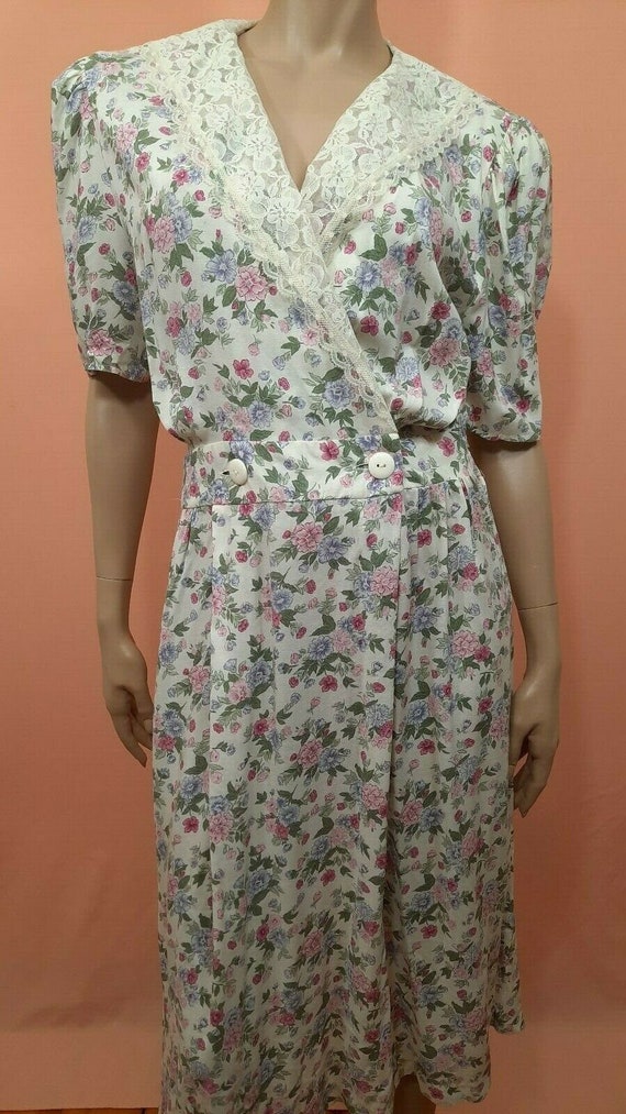 Vintage 80s Romantic Pastel Floral Midi Dress Wit… - image 2