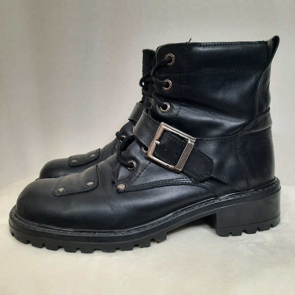 Vintage 90 Motorcycle Ankle Boots Womens US 9 Black Leather Lace Up Buckles
