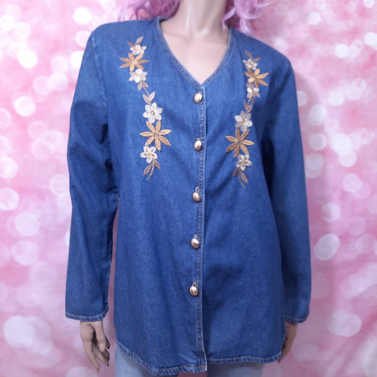 Vintage 80s 90s Blue Denim Embroidered Jacket Size 14 XL