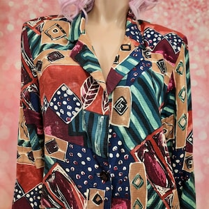 Vintage 80s Funky Tribal Print Oversized Blazer Womens Size M Rayon Jacket