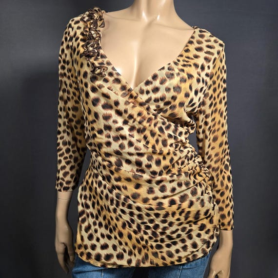Y2K Mesh Leopard Print Top Size L Ruched V Neck W… - image 1