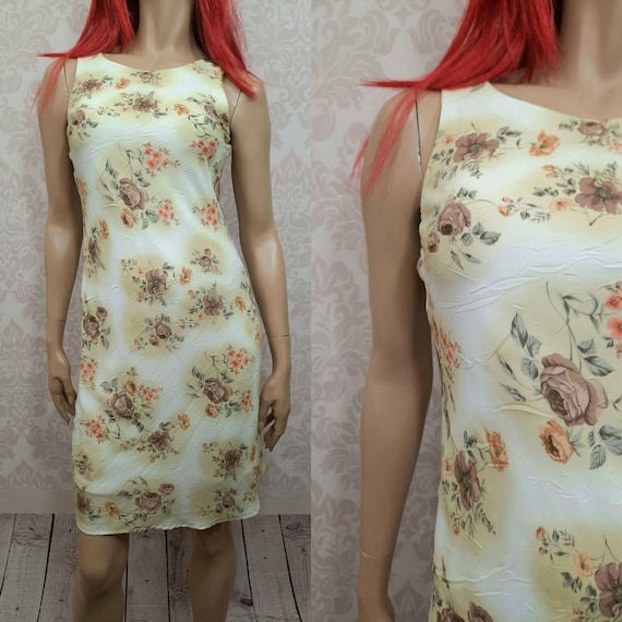 Vintage 90s Floral Dress Size S Sleeveless Crinkle Fabric Beige Brown Above Knee