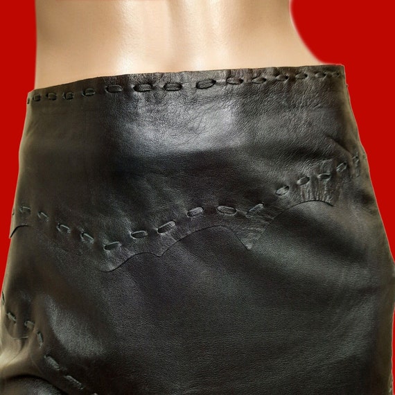 Y2K Black Leather Patchwork Midi Skirt Front Slit… - image 4
