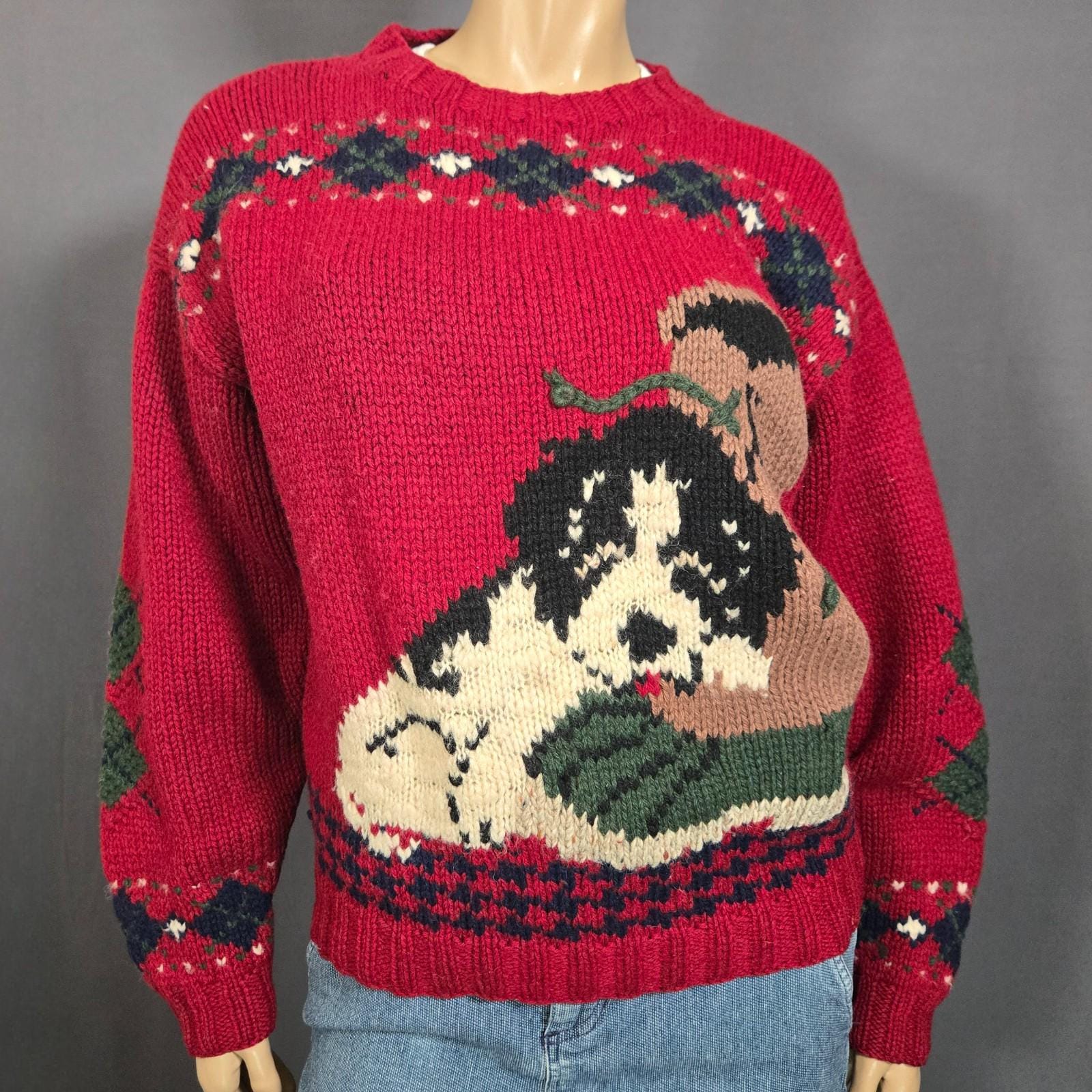 Vintage Woolrich Dog Puppy Wool Sweater Womens XL Red Novelty Crew