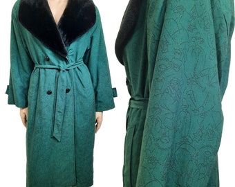 Vintage Long Belted Coat Size M Green Edwardian People Print Faux Fur collar 80s