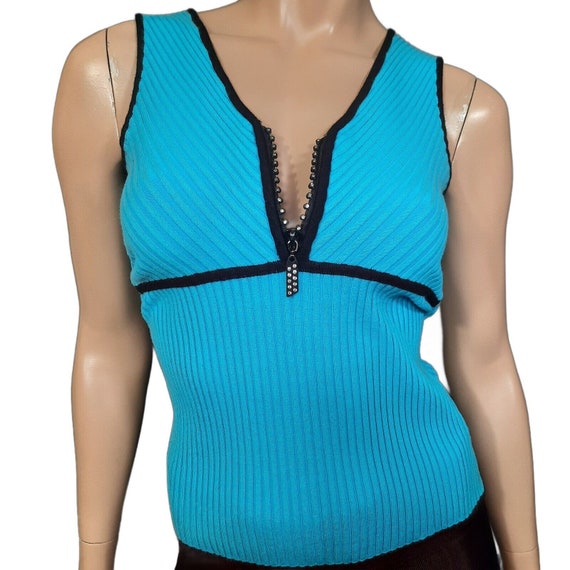 Y2K Sleeveless Ribbed Knit Tank Top Womens S Blue Quarter Zip