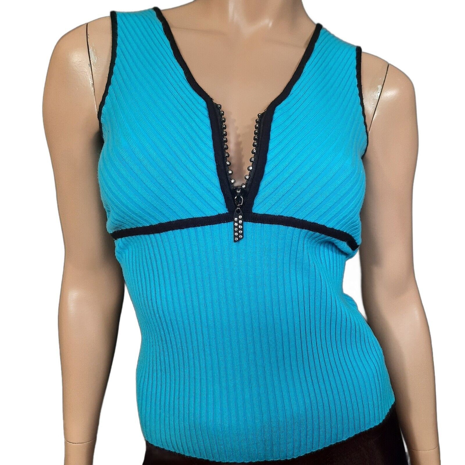 Y2K Sleeveless Ribbed Knit Tank Top Womens S Blue Quarter