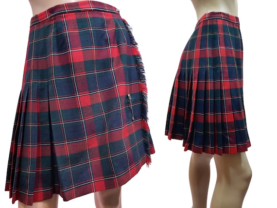 Vintage 60s Pleated Plaid Mini Skirt Size S Red Tartan Wool Wrap