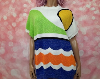 Vintage 80s Tangiers Funky Abstract Print Sweater Colorful Oversized Short Sleeve Size M