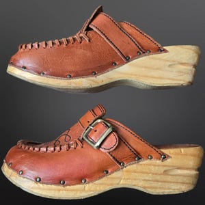 Vintage 70s Brown Leather Wooden Clogs Mules Size 6 Brazil Studded Buckle Boho