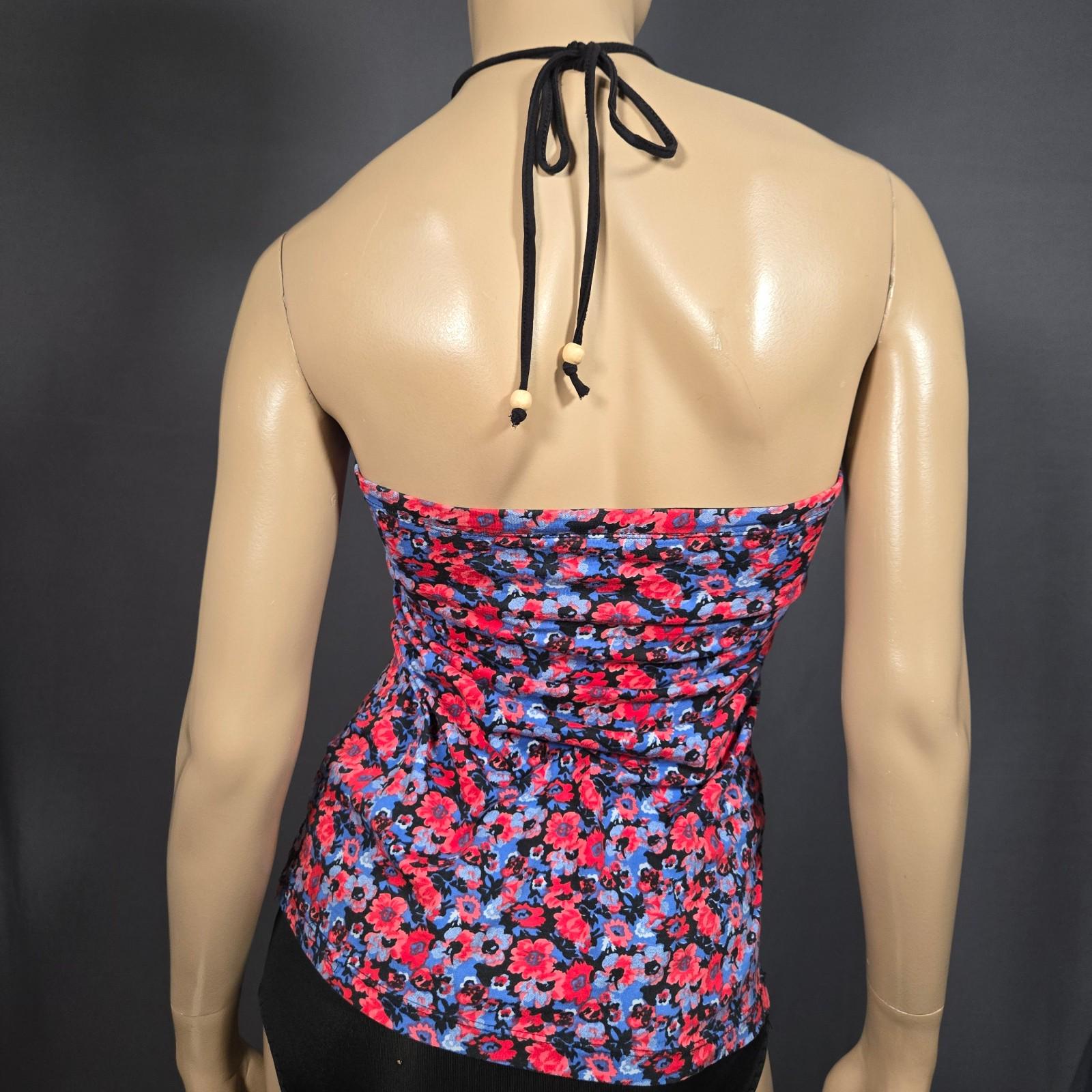 Y2K Dark Floral Halter Top Size XS Blue Red Black Cotton 2000s