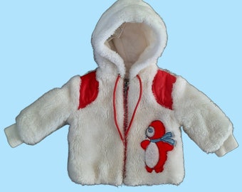 Vintage des années 50 Kiddies Togs tout-petit bébé veste manteau 12 mois blanc rouge duveteux fausse fourrure à capuche