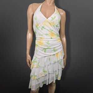 Vintage 90s Y2K Floral Halter Dress Size M Ruffled Asymmetric Romantic Fairy
